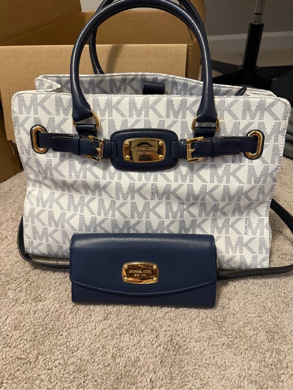 Michael Kors White MK Logo Tote with Navy Leather Trim